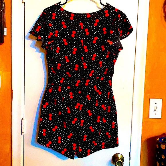 Retro Peek-a-Boo Cherry Pattern Romper with Shorts - Picture 2 of 5